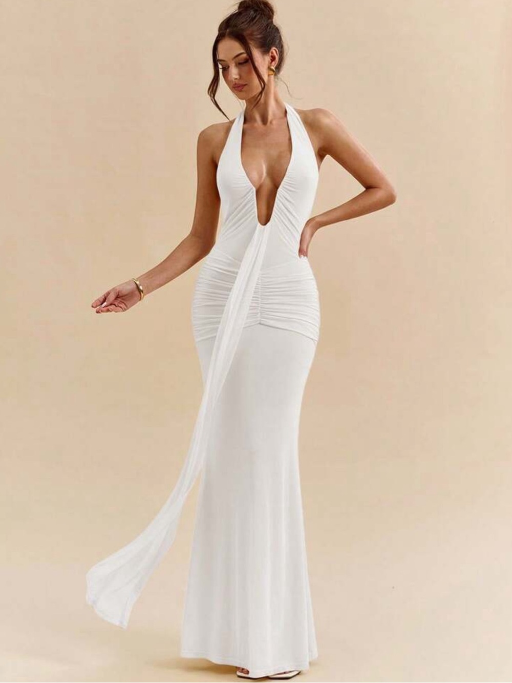 White Deep-V Fitted White Long Dress